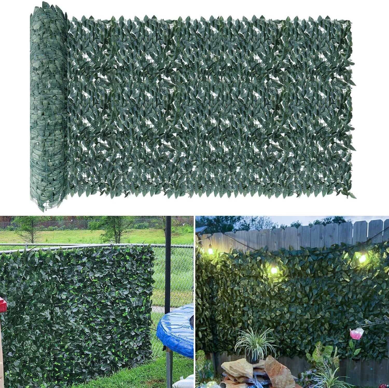 Sunrise 4'X8' Faux Laurel Leaf Privacy Fence Screen Artificial Leaves Hedge Fence Covering Wall Decoration Panels For Garden Backyard Porch Indoor Outdoor (Dark Green, 4 PCS)