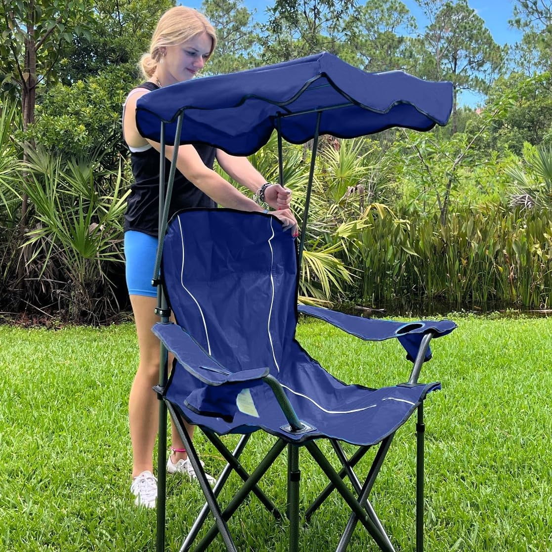 OUWI Camp Chair with Shade Canopy Folding Camping Recliner Chair with Carry Bag for Outdoor Camping Hiking Beach, Heavy Duty 350 LBS