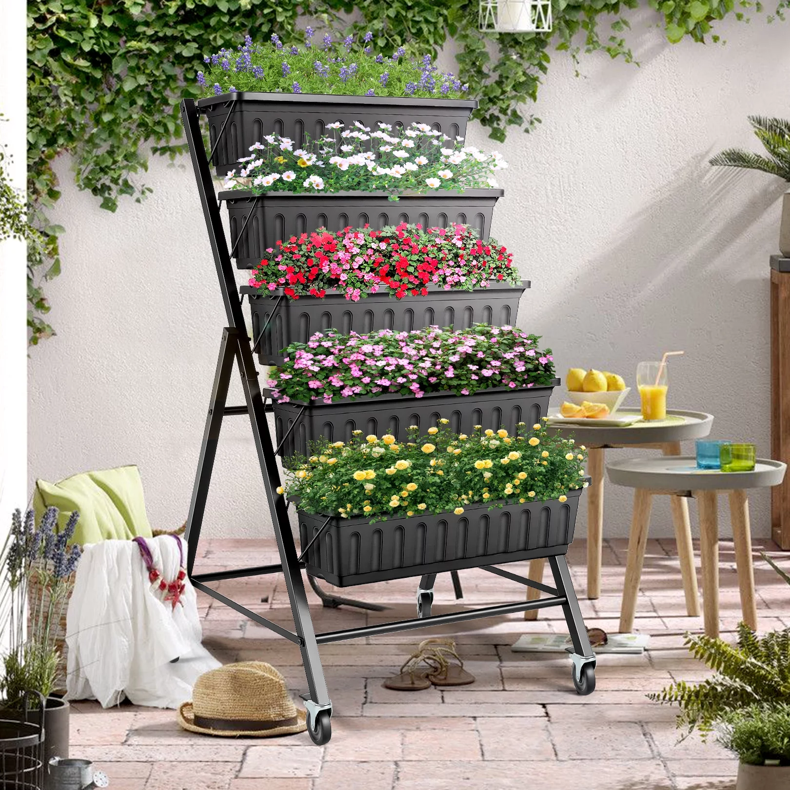 4Ft Planter Box with Removable Locking Wheels 5-Tiers Vertical Raised Garden Bed with Drain for Patio Vegetables, Flowers Herb, 30