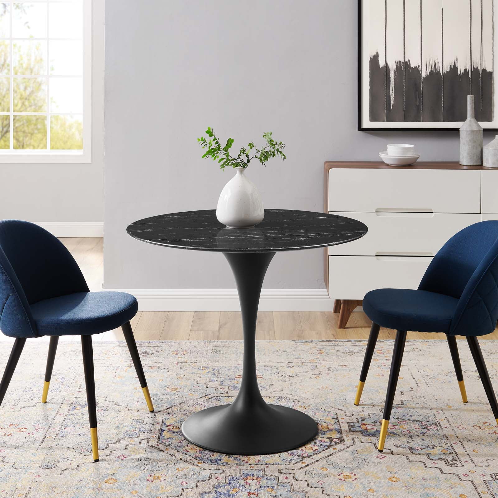 Dining Table, Round, Artificial Marble, Metal Steel, Black, Modern Contemporary Urban Design, Kitchen Room Cafe Bistro Restaurant Hospitality