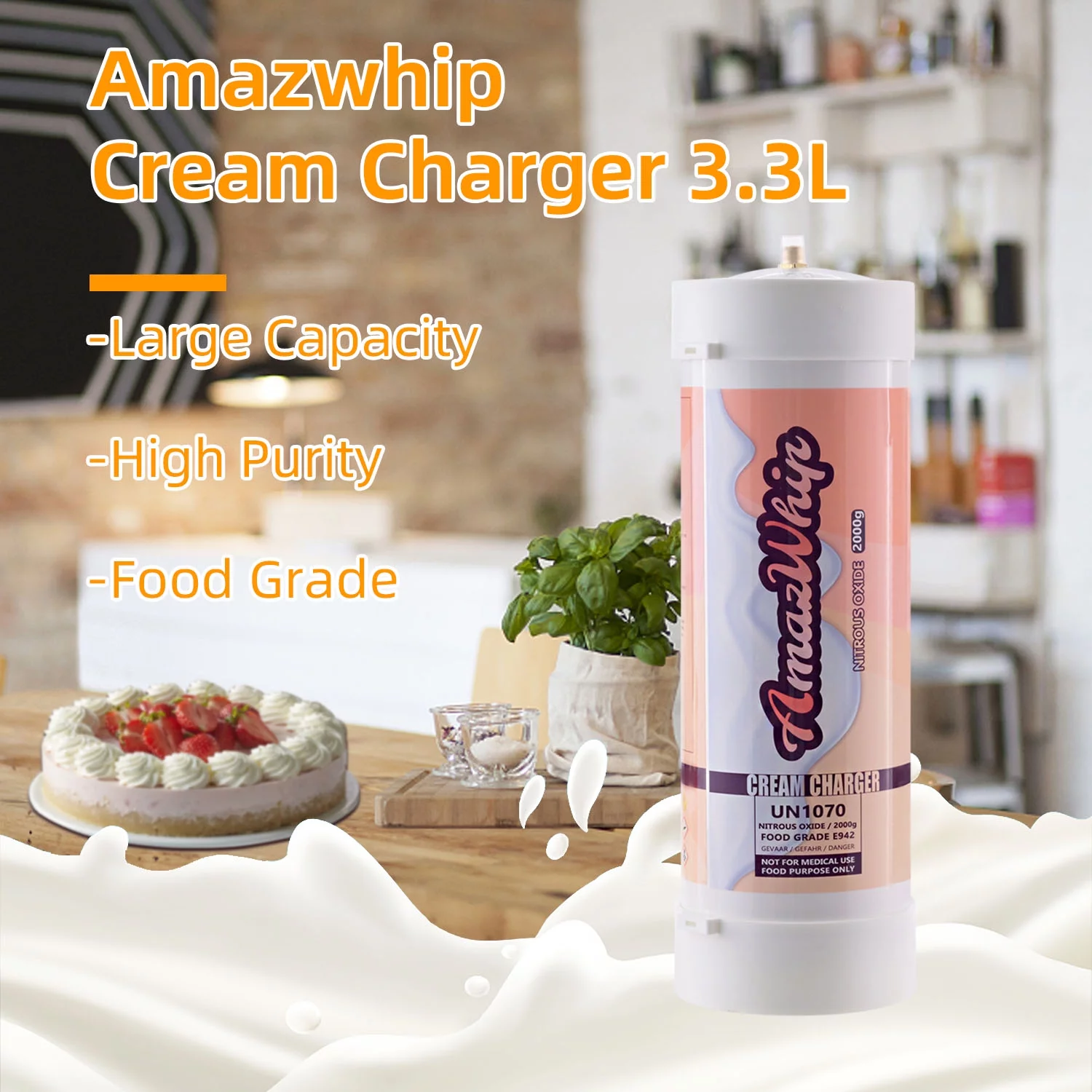 AmazWhip 2000G Whipped Cream Charger, 3.3L Cream Charger Tanks (1 Cylinder)