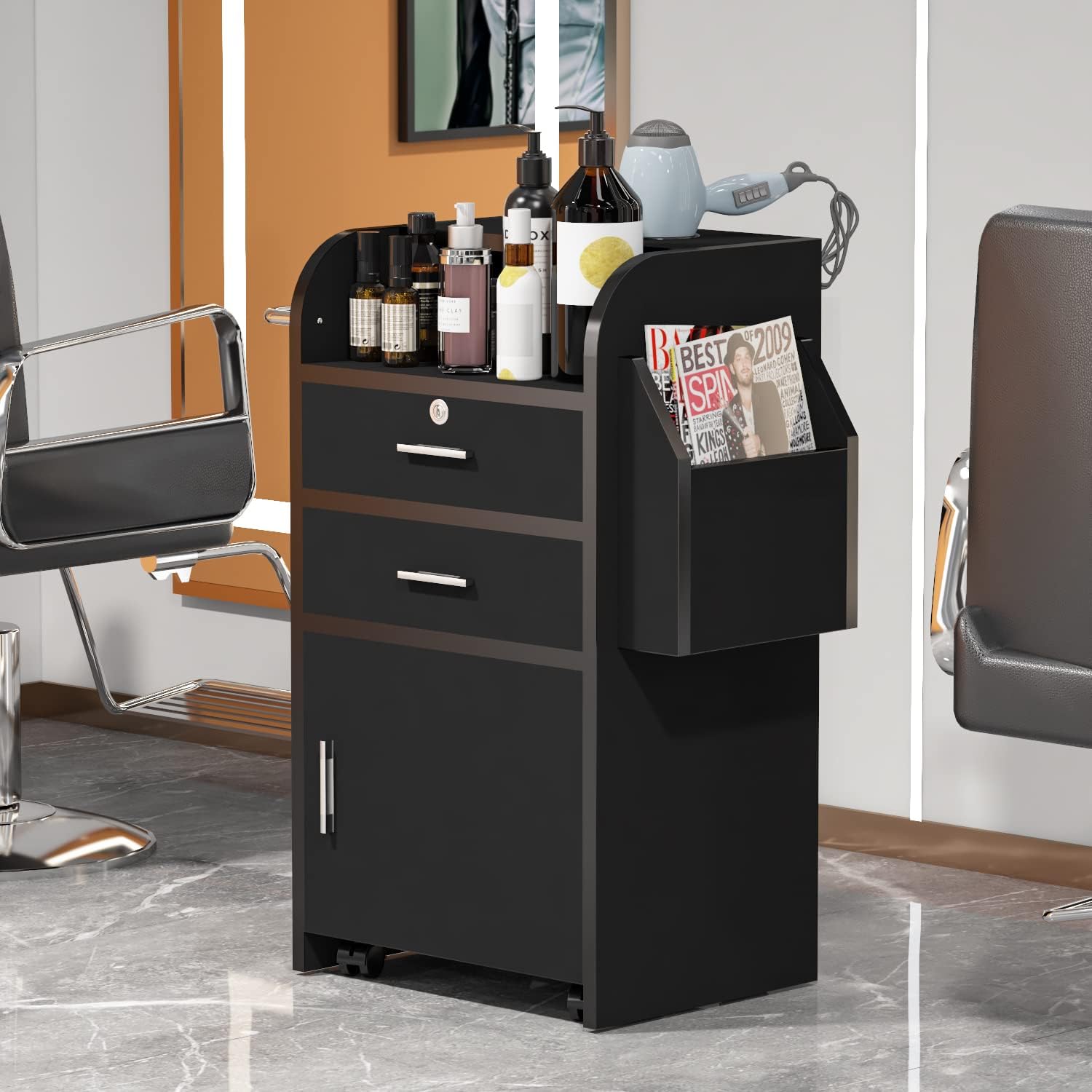 Salon Trolley Cart with Wheels,Hair Stylist Salon Station with 2 Hair Dryer Holders & 2 Drawer & 1 Large Cabinet & Towel Rack,Black