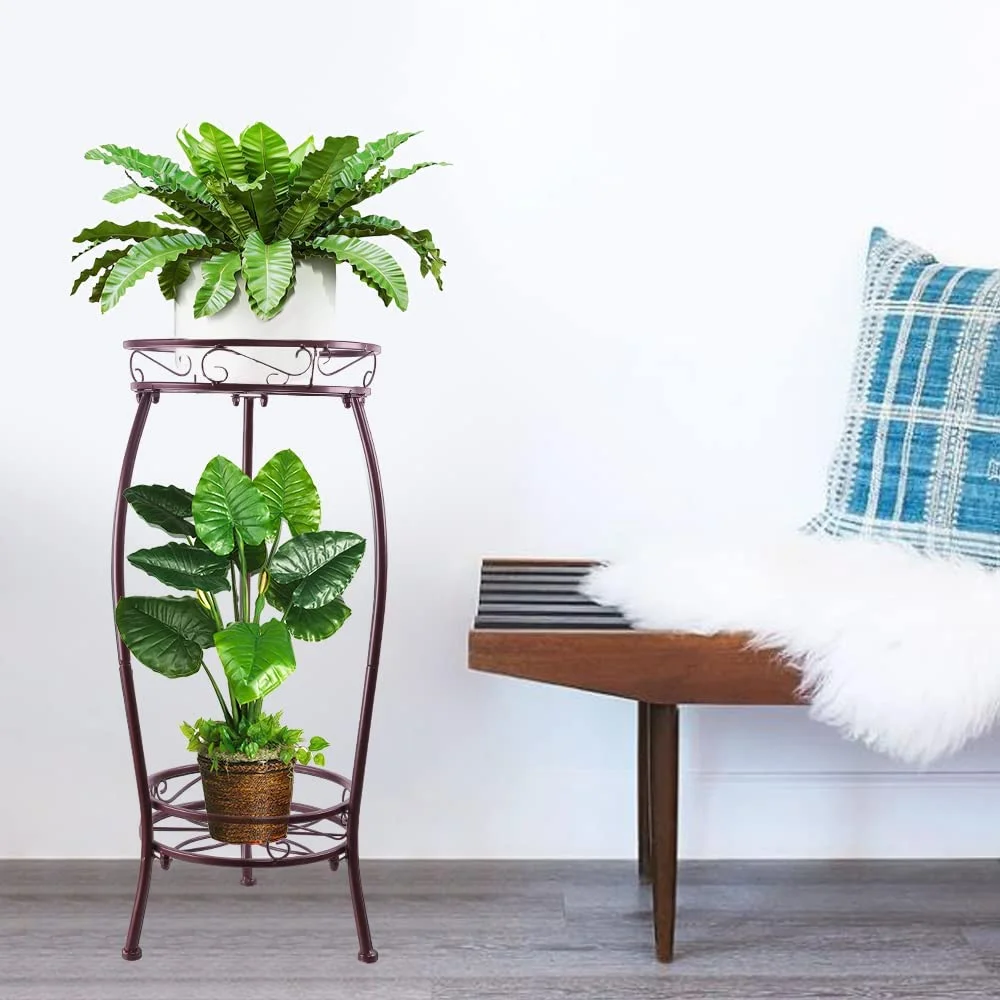 Metal Plant Stand,Indoor Outdoor 2 Tiers Tall Plant Stands,27.1'' Iron Corner Flower Pot Holder, Plant Rack,Display Shelf Racks for Home Garden Office -Brown