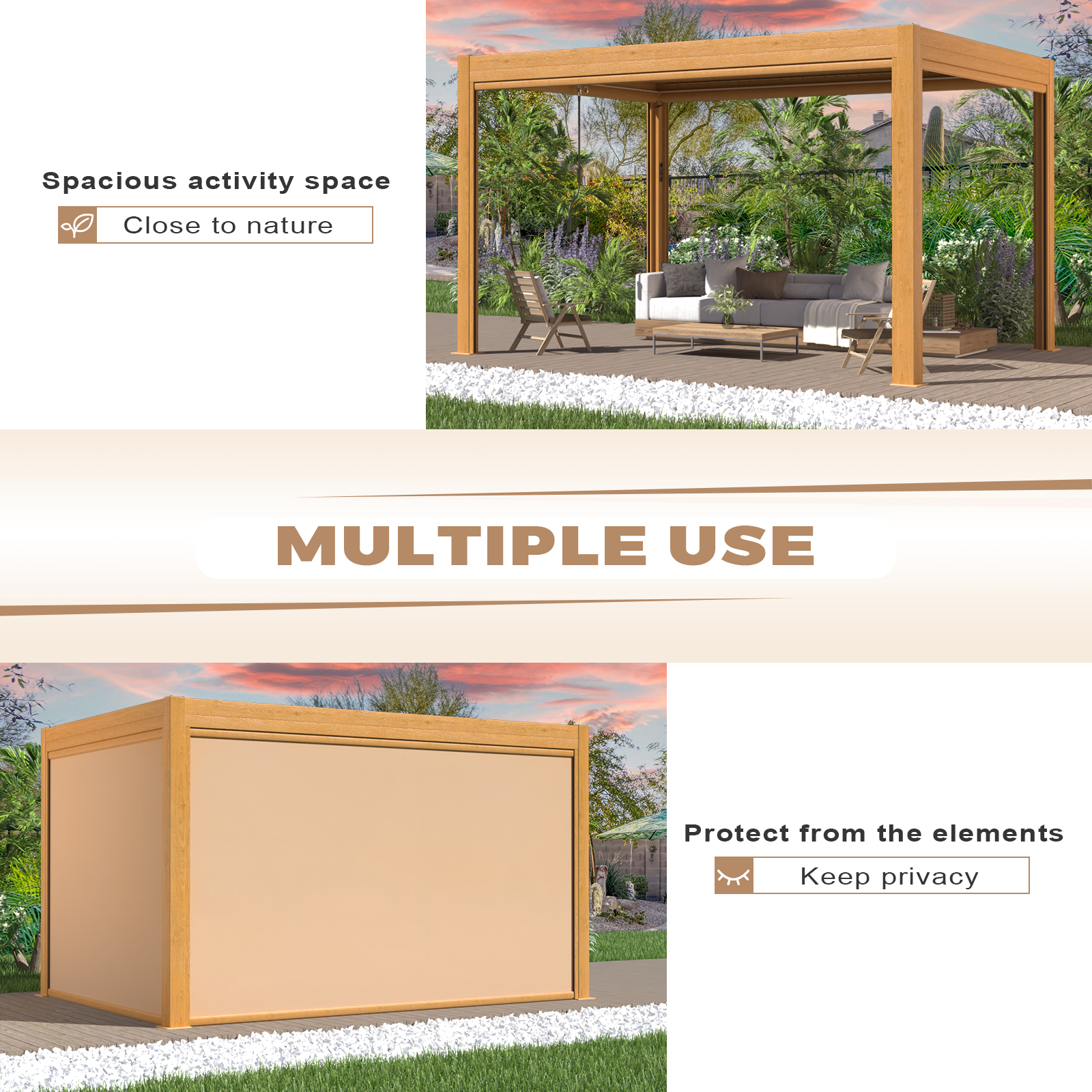 Richryce 10 ft. x 13 ft. Outdoor Louvered Pergola, Patio Pergola with with Auto Adjustable Aluminum Rainproof Roof， Wood