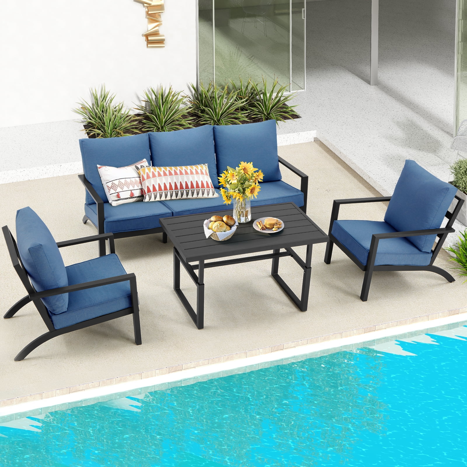 Danrelax 4 Pieces Aluminum Patio Furniture Set,Patio Conversation Set, Blue