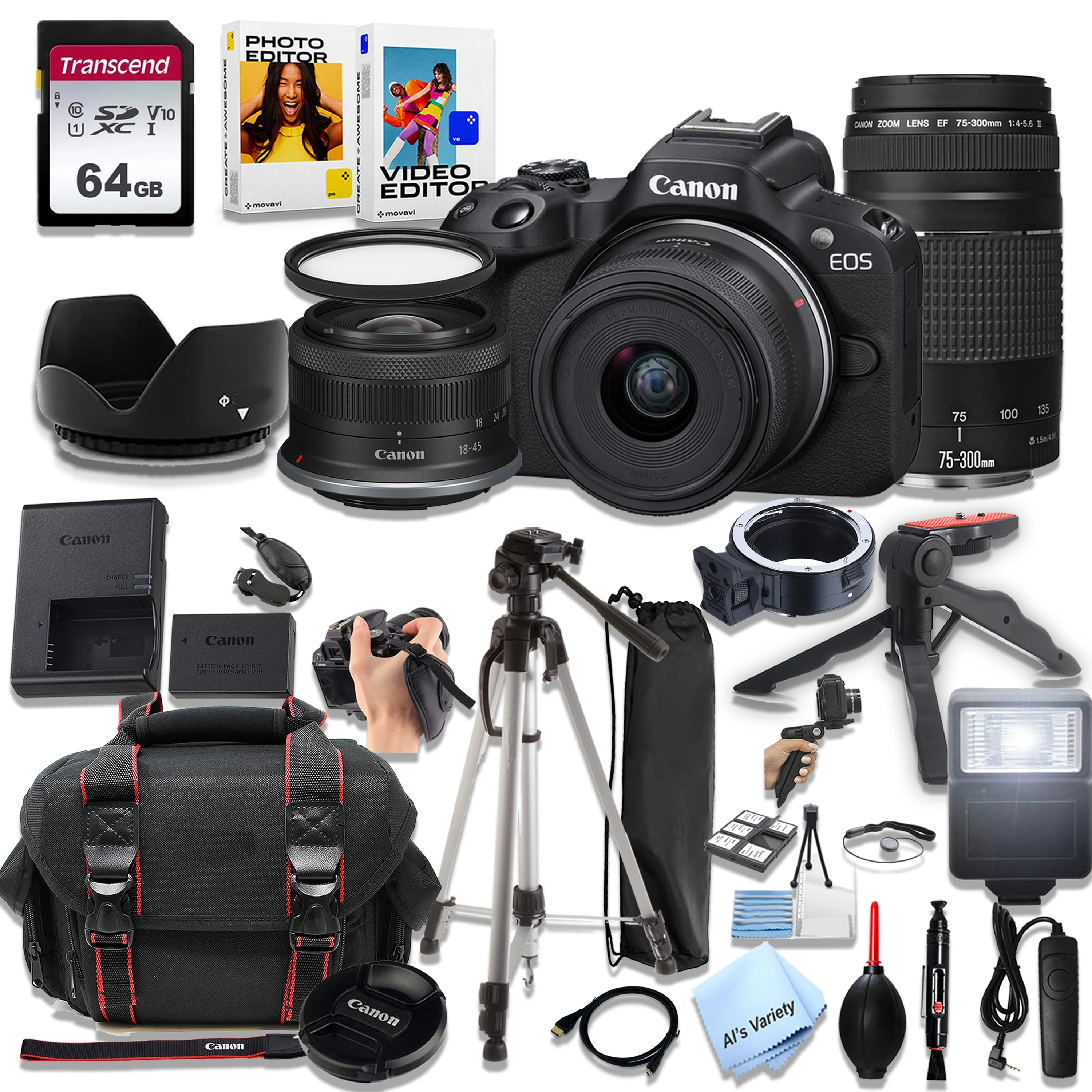 Canon EOS R50 Mirrorless Camera with 18-45mm and 75-300mm Lenses + 64GB Memory, Filters,Case, Tripod, Flash, and More (30pc Bundle)