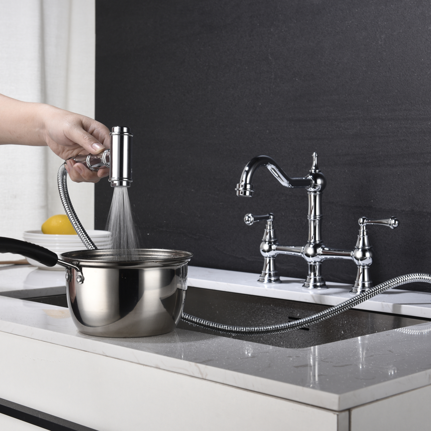 DremFaryoyo Bridge Dual Handles Kitchen Faucet With Pull-Out Side Spray in