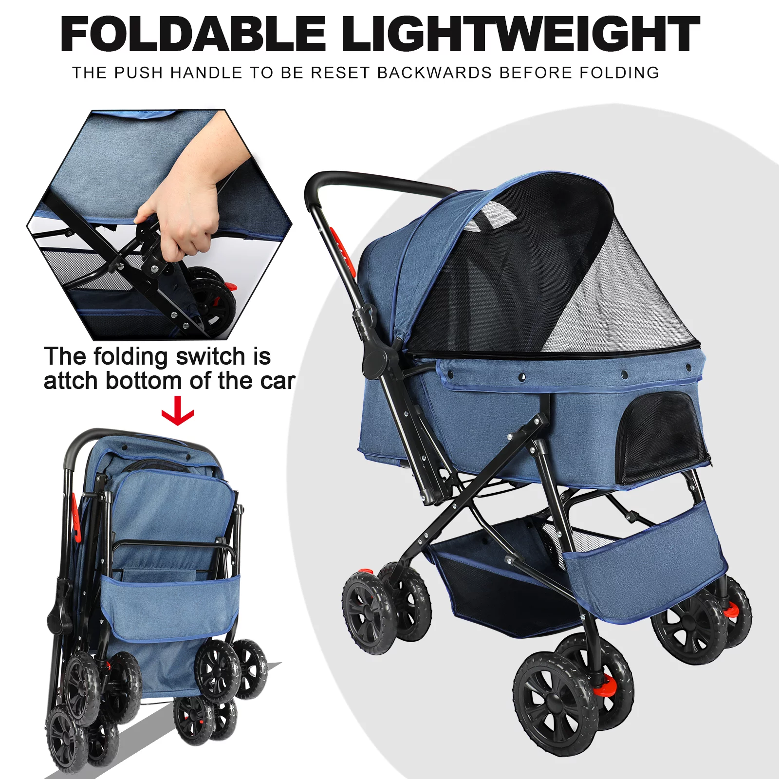 Wedyvko Pet Stroller forAll pets with Reversible Handle, Front wheel rotates 360，Dog Stroller for Small or Medium Animal up to 40 Pounds,Four Wheels Pet cart（Blue)