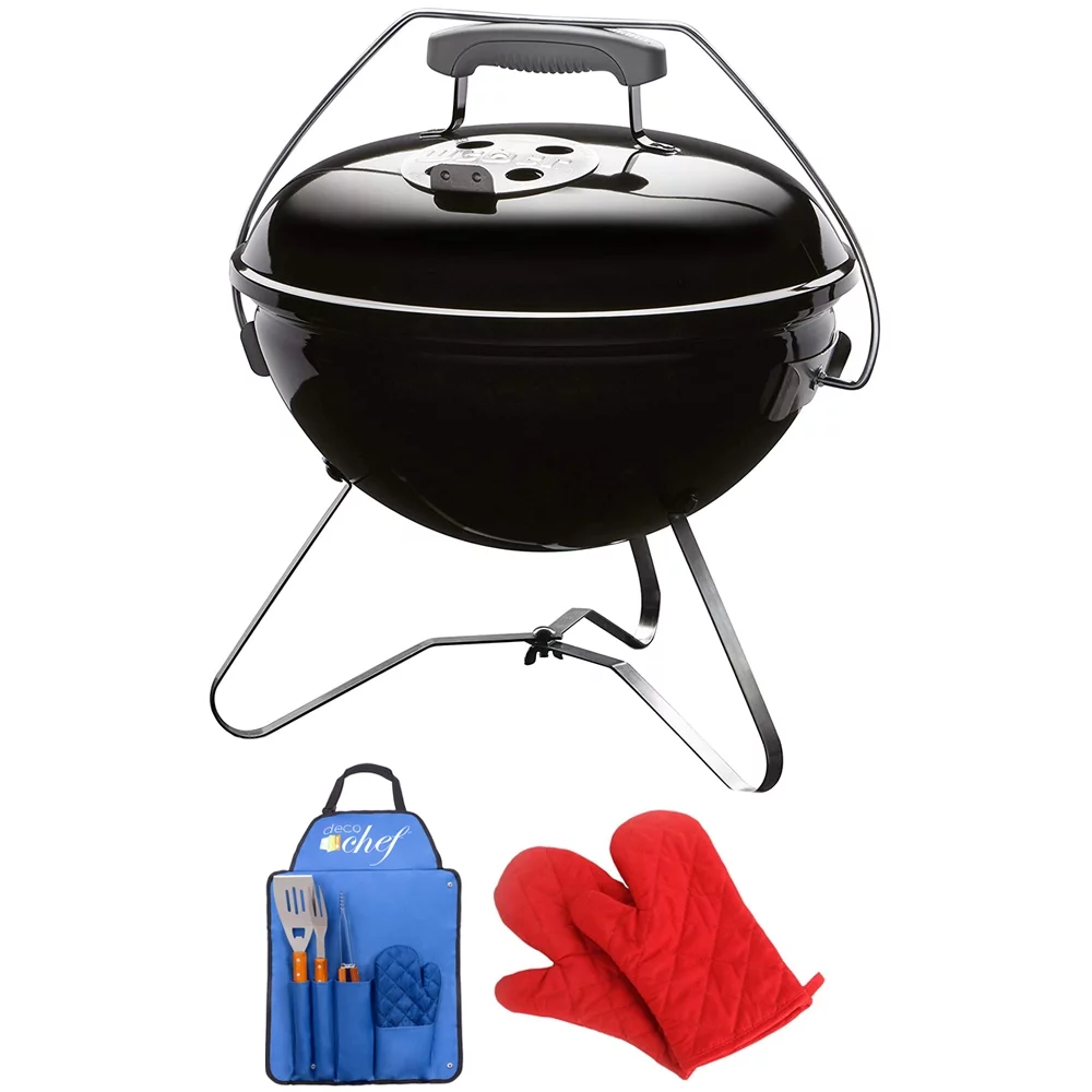 Weber 40020 Smokey Joe Premium 14-inch Charcoal Grill, Black Bundle with Deco Essentials 3 Piece BBQ Tool Set with Custom Blue Apron, Spatula, Tongs, Fork and Oven Mitt and Pair of Red Oven Mitt