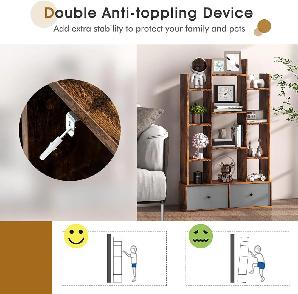 CHNBVC 5-Cube Bookcase with 2 Drawers - Industrial Freestanding Open Display Shelving with Anti-toppling Device  7  Shelves  Wooden Tree Shaped Bookshelf  Room  Rustic Brown