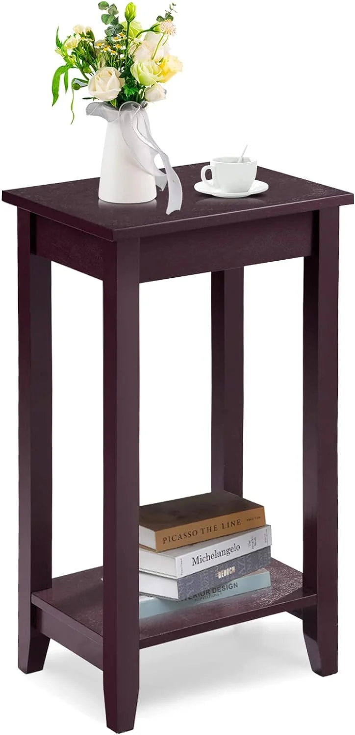 2-Tier End Table Nightstand, Bedside Sofa Table for Living Room Bedroom, Narrow Telephone Table with Shelf and Legs for Small Spaces, Espresso