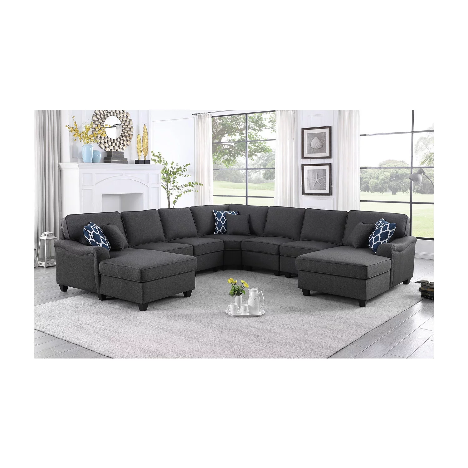 Homestock Victorian Vintage Dark Gray Linen Double Chaise 7Pc Modular Sectional Sofa