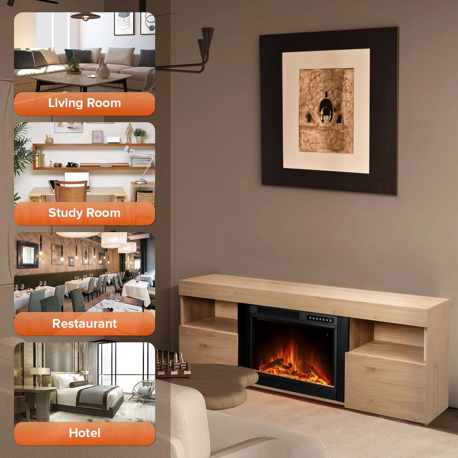 Auseo 60'' Electric Fireplace Mantel，Remote Control, Adjustable LED Flame, Free Standing Fireplace（PECAN）