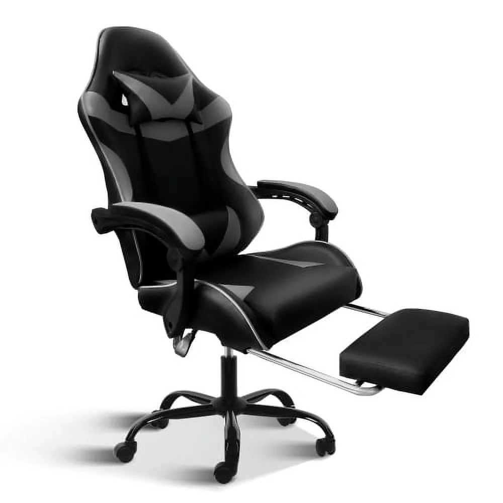 Racing Video Backrest and Seat Height Recliner Gaming Office High Back Computer Ergonomic Adjustable Swivel Chair, With footrest, Black/Grey