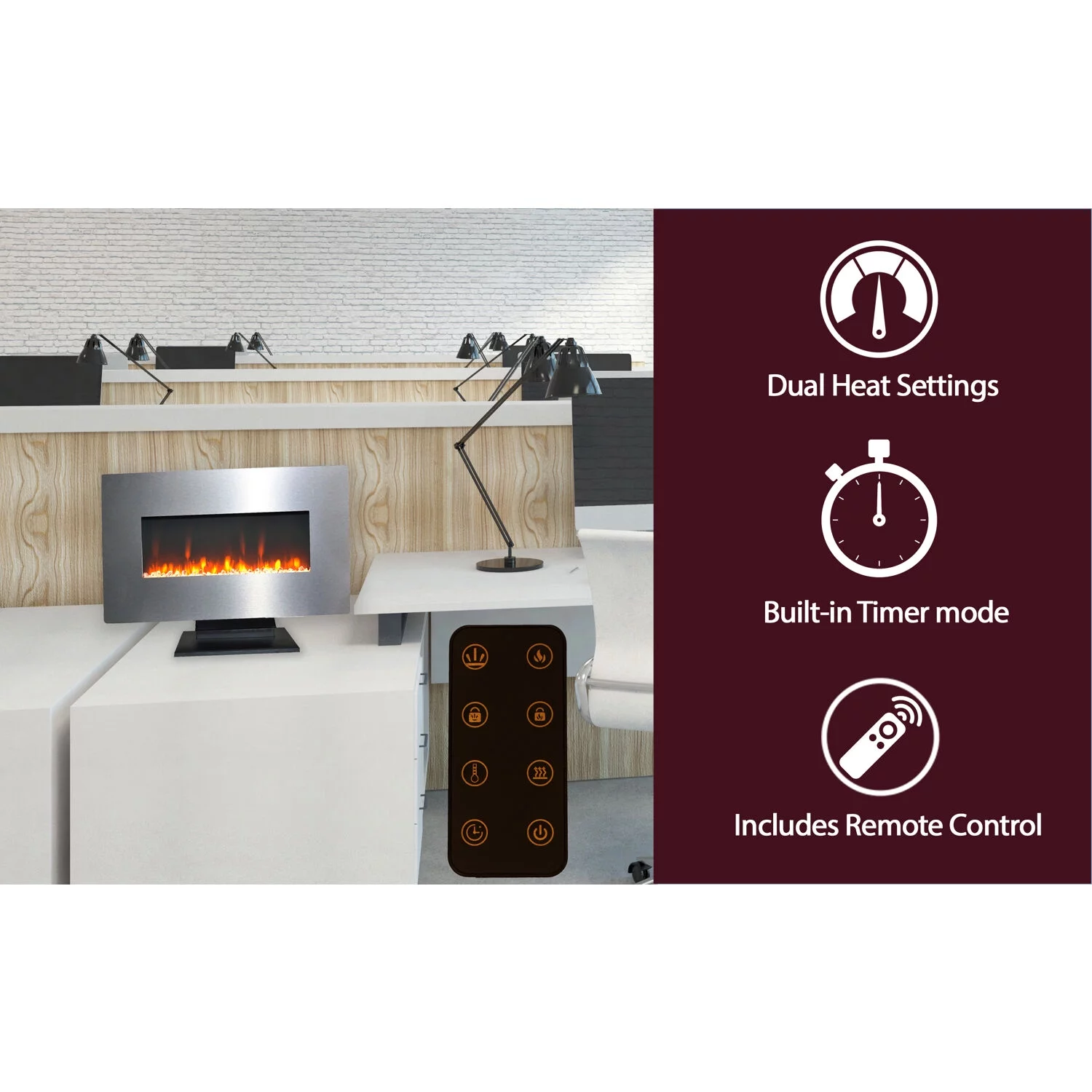 Cambridge 36 In. Electric Wall Mounted Fireplace Heater with Flame Crystal Rock Display, Adjustable Heat, Remote, in Stainless Steel Finish - CAM36WMEF-1SS