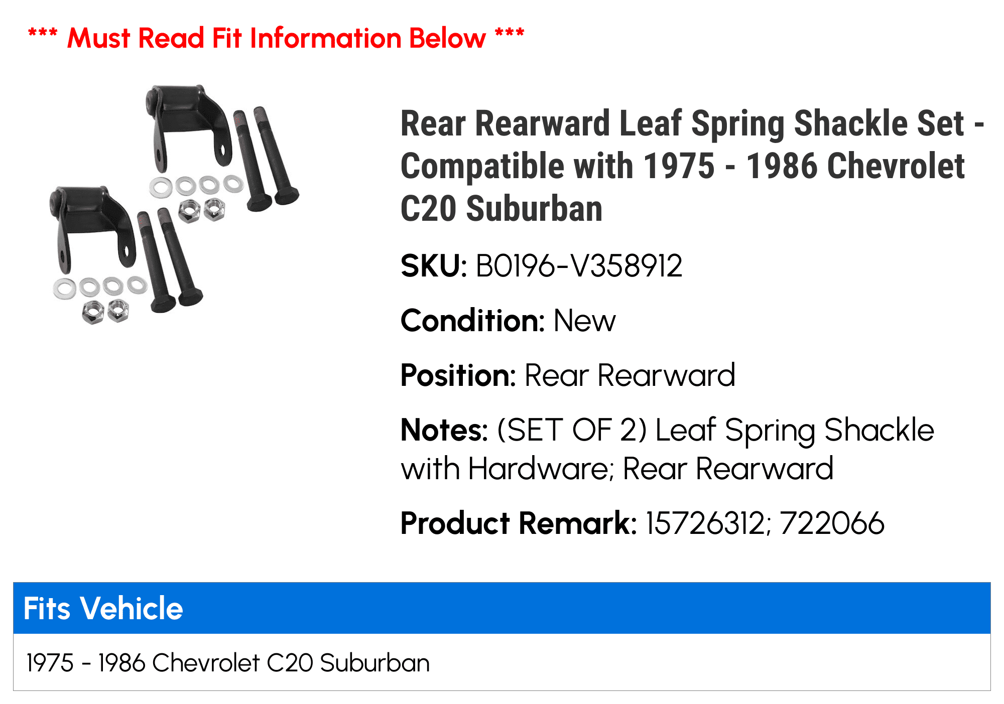 Rear Rearward Leaf Spring Shackle Set - Compatible with 1975 - 1986 Chevy C20 Suburban 1976 1977 1978 1979 1980 1981 1982 1983 1984 1985
