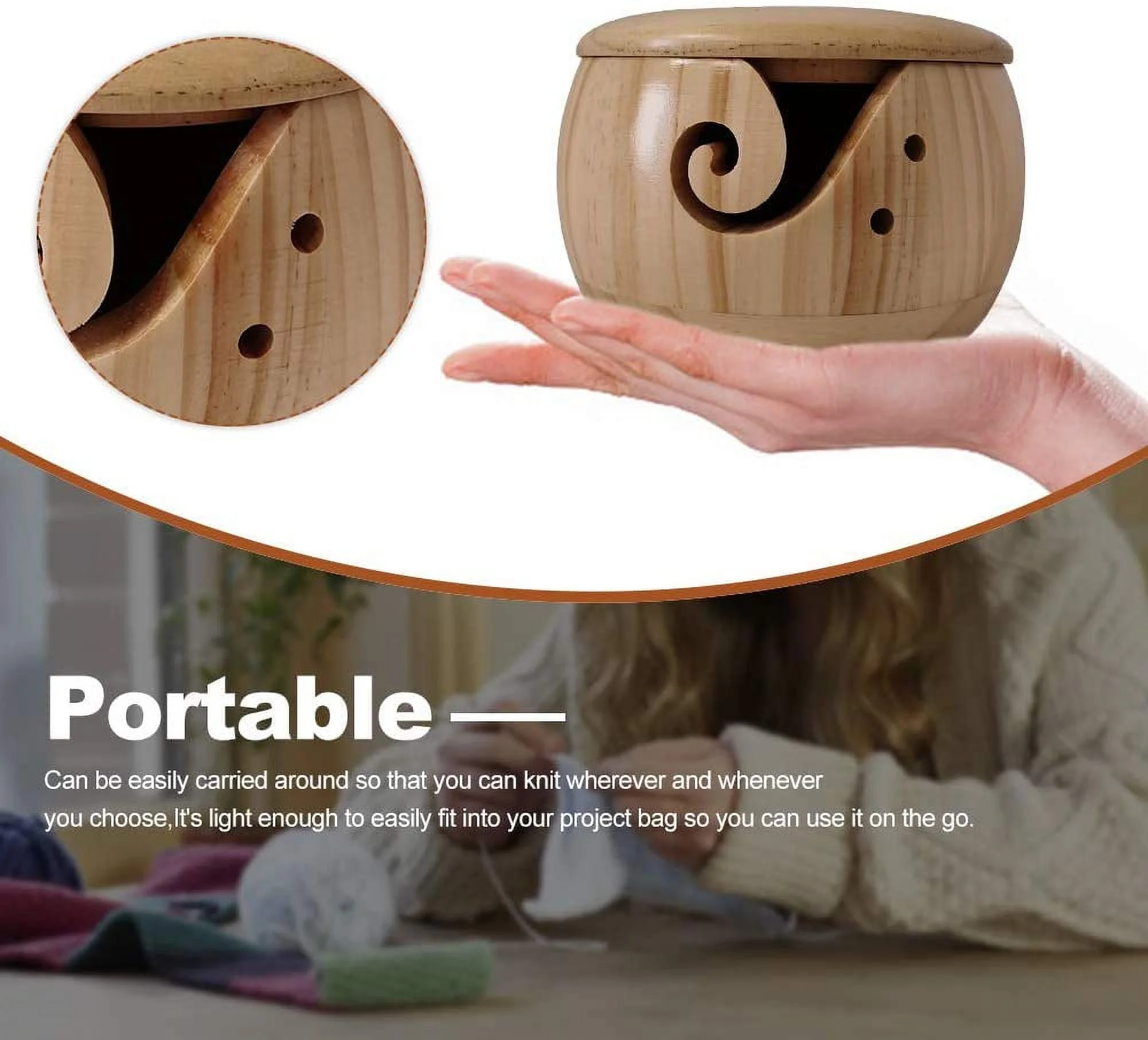 Yarn Bowl, Yarn Holder Wooden Bowl with Lid, 15x8cm Wool Yarn Storage Organizer Holder, Wool Holder Wool Storage Bowl Wool Ball Organizer Knitting Crochet Accessories(Wood)