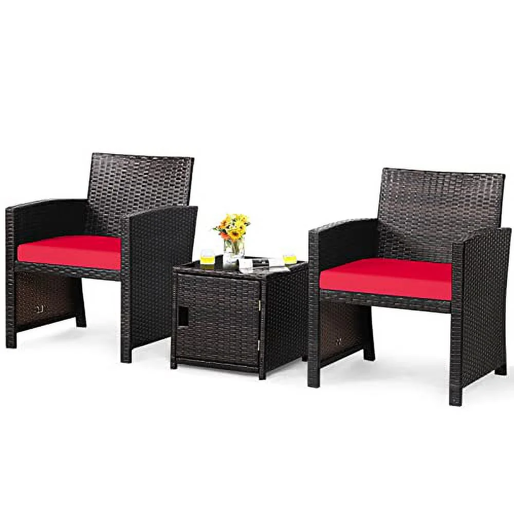 HAPPYGRILL 3 Piece Outdoor Bistro Set, PE Wicker Patio Conversation Set with Side Storage Table with Door, Soft Cushions and Protective Cover, Outdoor Sofa and Table Set
