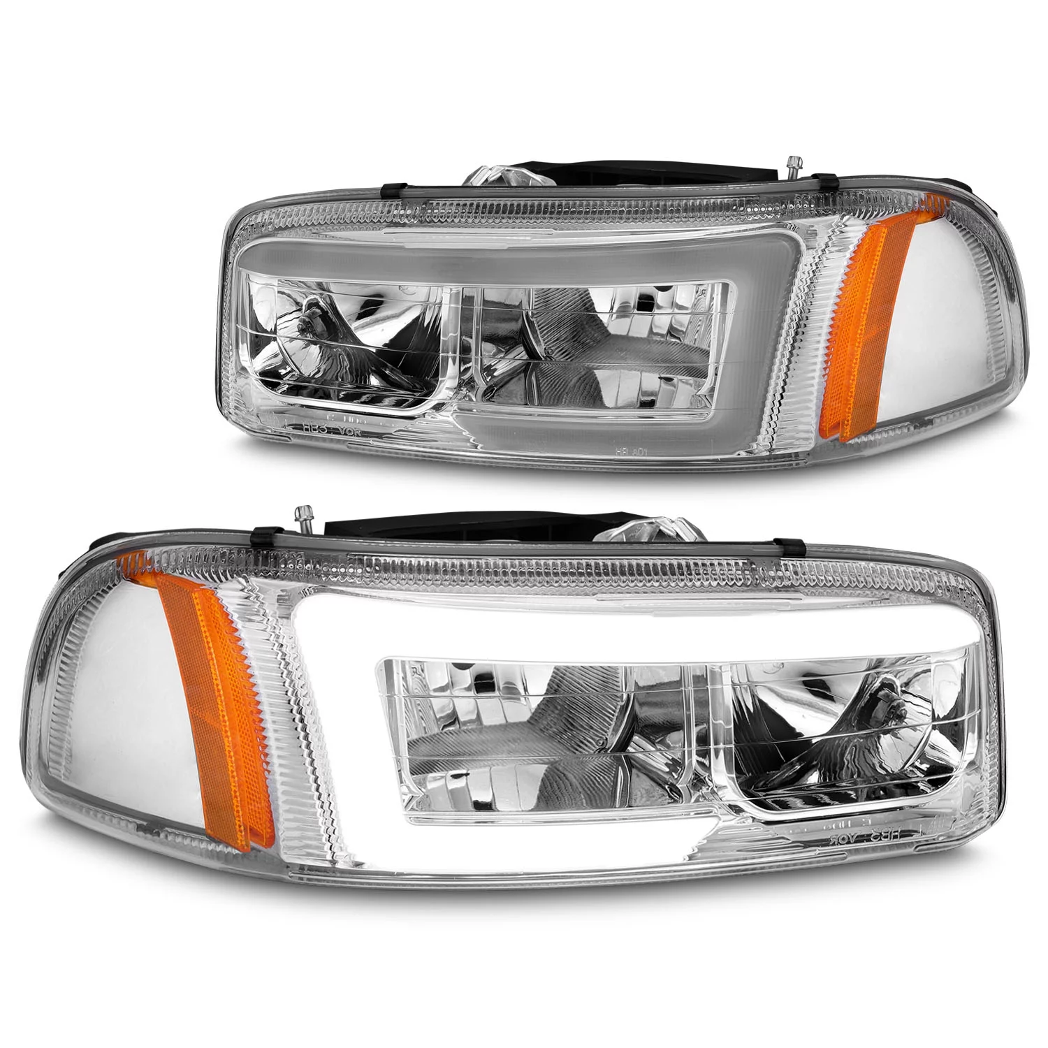 APA For 1999-2006 GMC Sierra Yukon XL C-Type LED Tube Chrome Replacement Headlights Pair - Passenger and Driver Side
