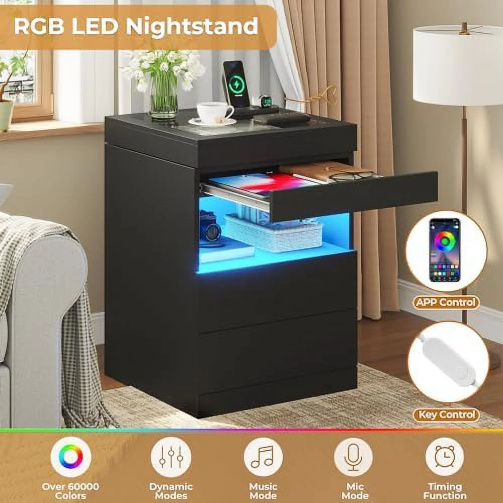 TQJKLFDY LED Nightstand with Charging Station & Sliding Top  Black Night Stand with Glass Top & Jewelry Tray  Bedside Table with Drawers & Pull-Out Tray  Modern  End Table wit