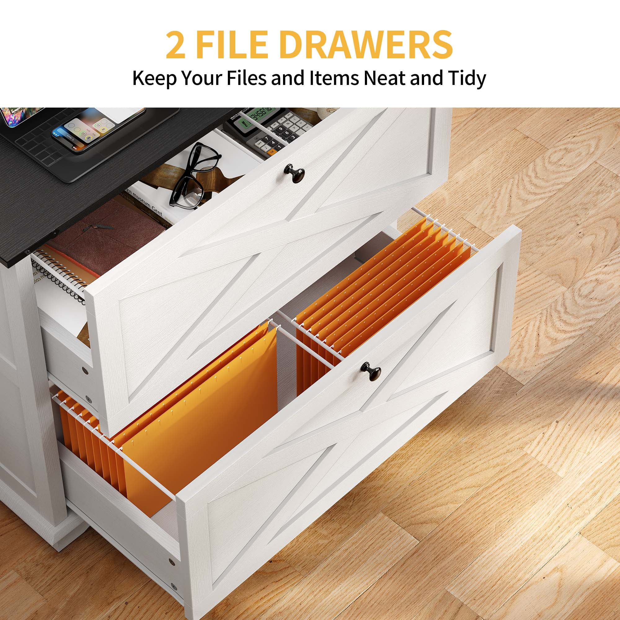 DWVO Farmhouse Wood File Cabinet with Charging Station, 2 Drawer Filing Cabinet for Legal Letter A4 F4 Size for Home Office, White