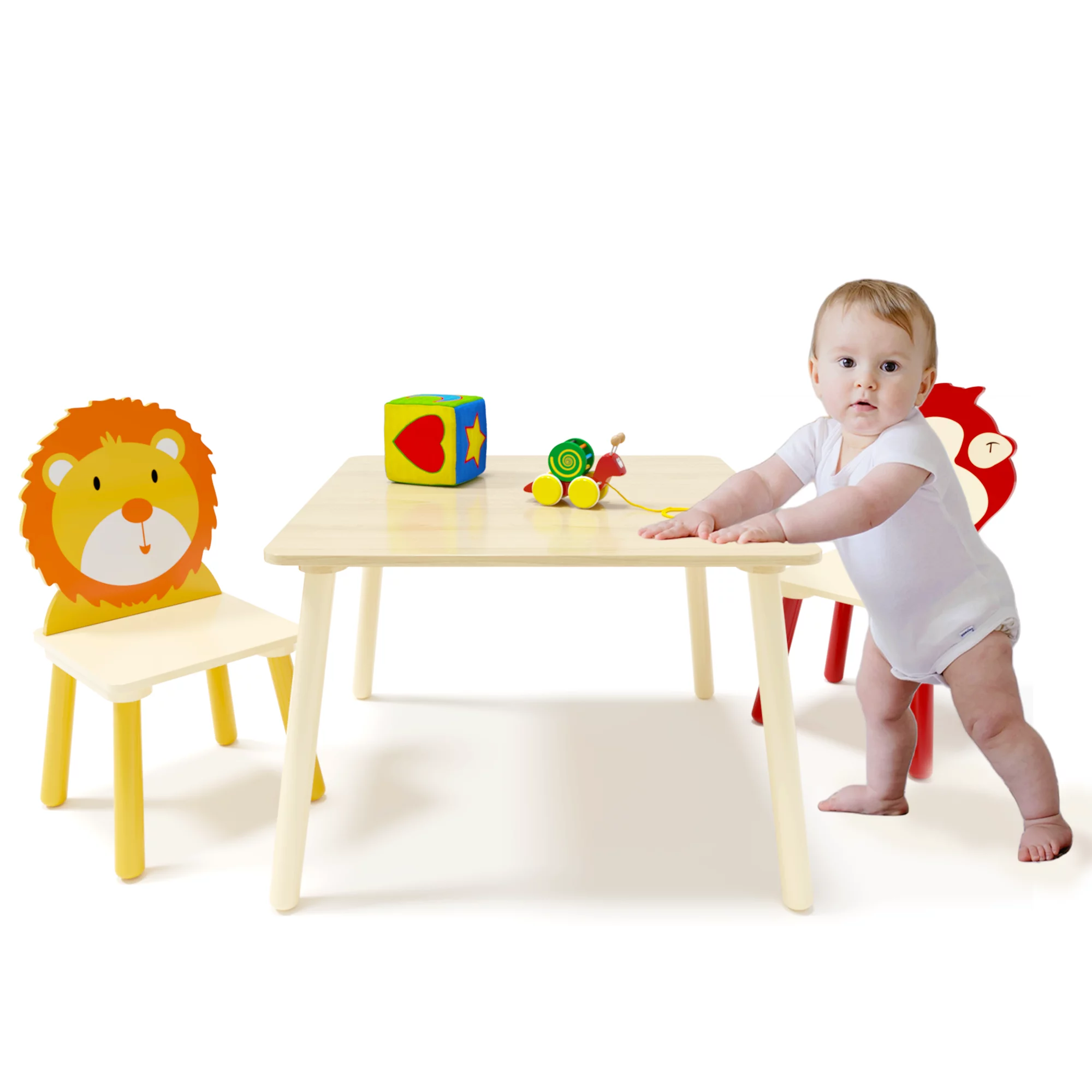 Kids Table and 2 Chairs Set - 3-Piece Toddler Wooden Activity Play Table Set(Lion & Monkey)