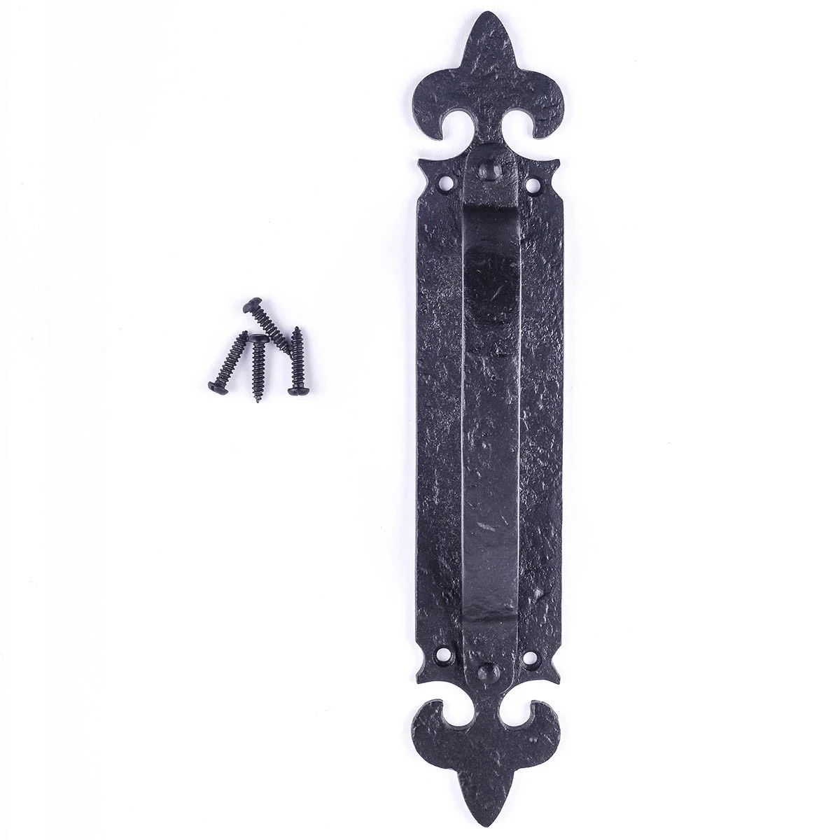 Decorative Large Door Handle 10.5 in. Use for Push Pull or Slide Doors in Wrought Iron Antique Colonial Forged Design in Black Fleur De Lis w/Screws Renovators Supply