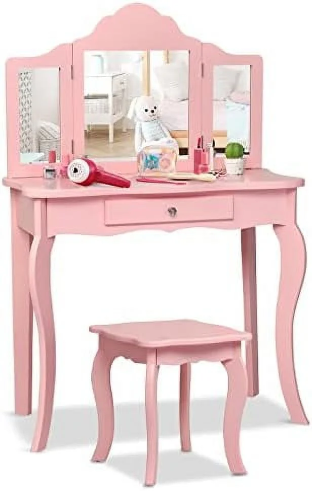 SJOPLMN Vanity  Toddler Wooden  Vanity Table & Chair Set  Tri-Fold Princess Mirror  Little Girls Vanity Set with Mirror and Stool (Pink)