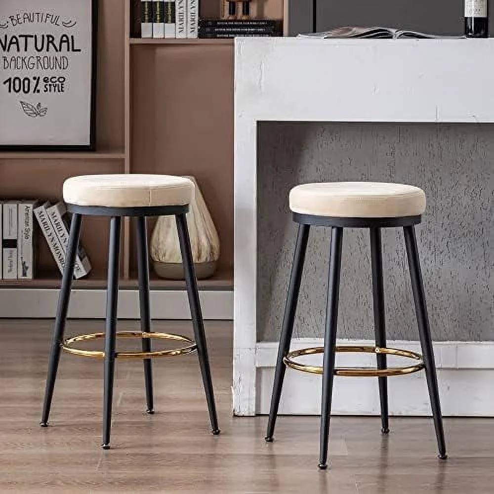 xrboomlife 26" Counter Height Barstools Set of 2 Suede Counter Stool Backless Modern  Chair with Black Legs/Gold Footrest for Kitchen Island/Cafe/Breakfast   Cream
