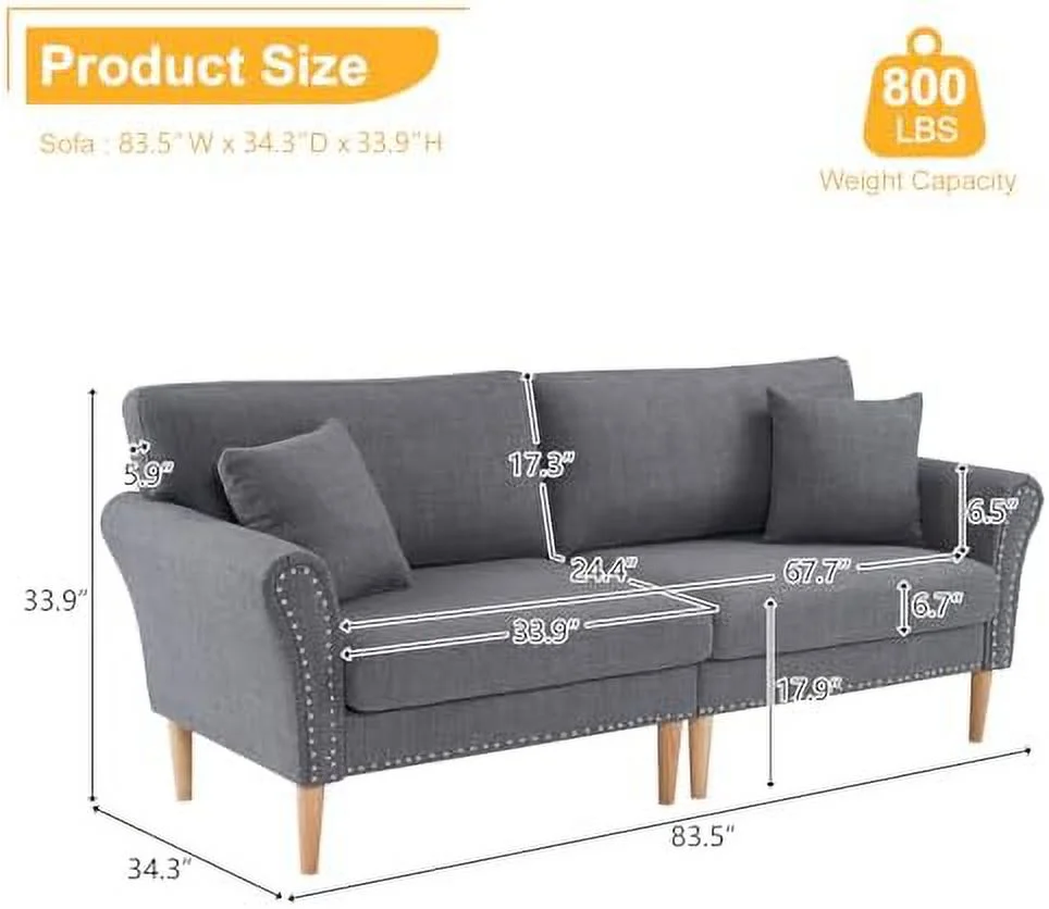 JYHOME 83" Sofa Couch Comfy Loveseat Sofa Mid-Century Living Room  Beige Sofa with  Decor 3-Seat Sofa for Living Room  Bedroom  Apartment  Office