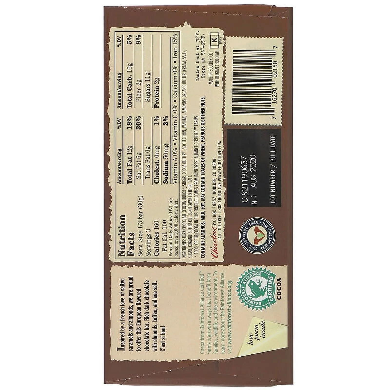 Chocolove, Almonds, Toffee & Sea Salt in Dark Chocolate, 55% Cocoa, 3.2 oz Pack of 2