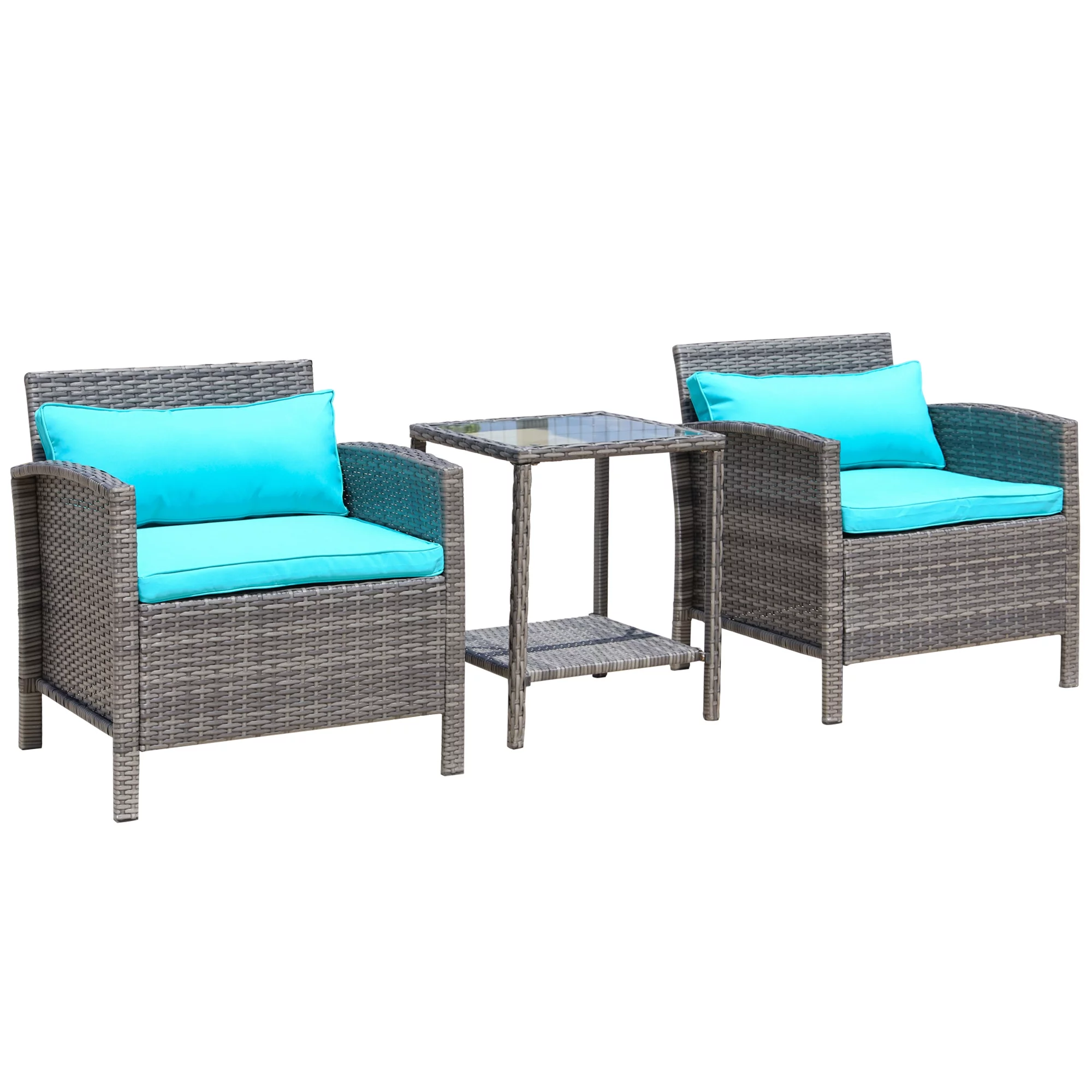 Outsunny 3pc Patio Furniture Set, Cushioned Wicker Chairs & Table, Green