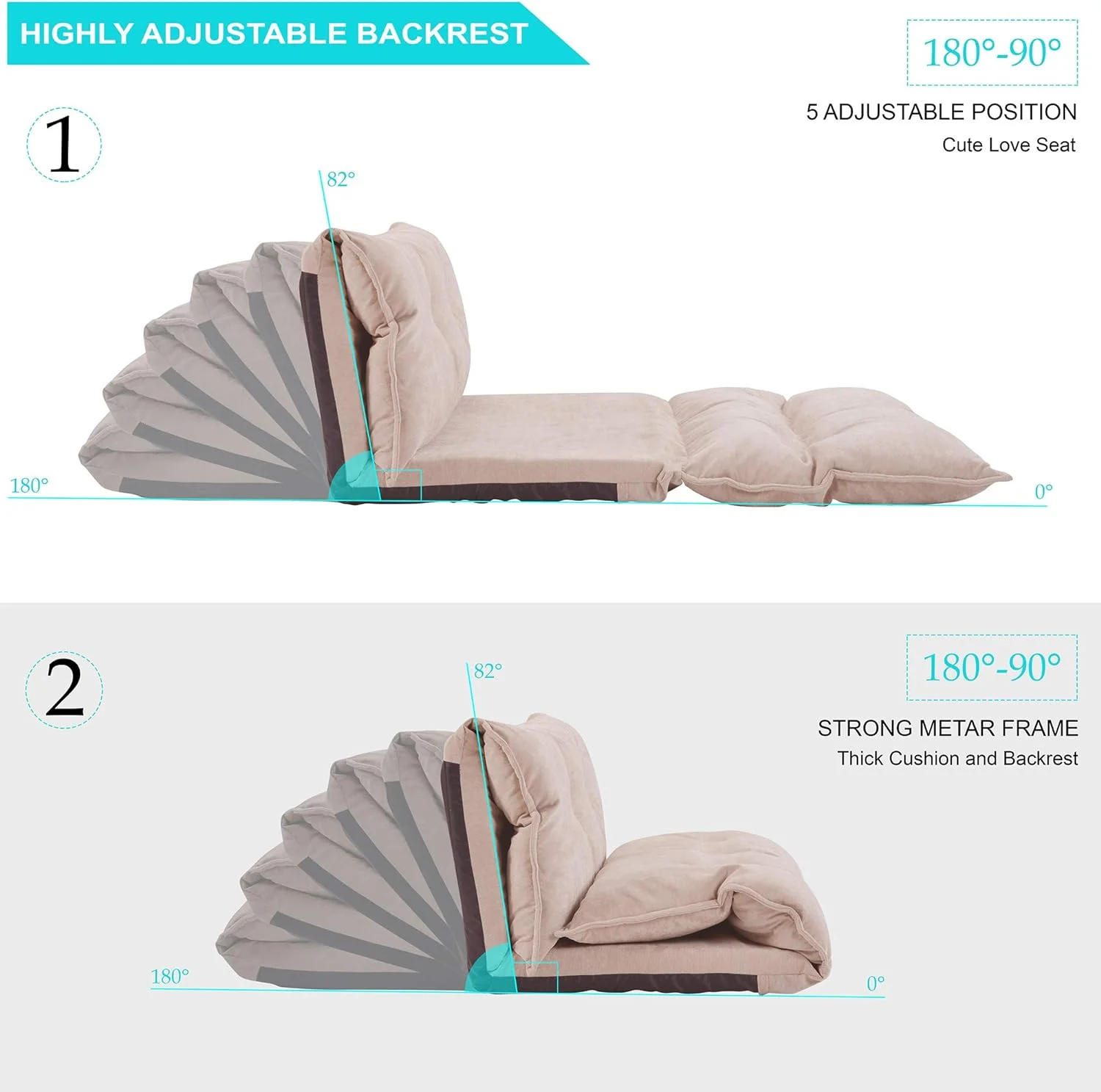 Adjustable Folding Lazy Sofa PU Leather Video Game Chair Futon Bed 2 Pillows 176lbs Capacity