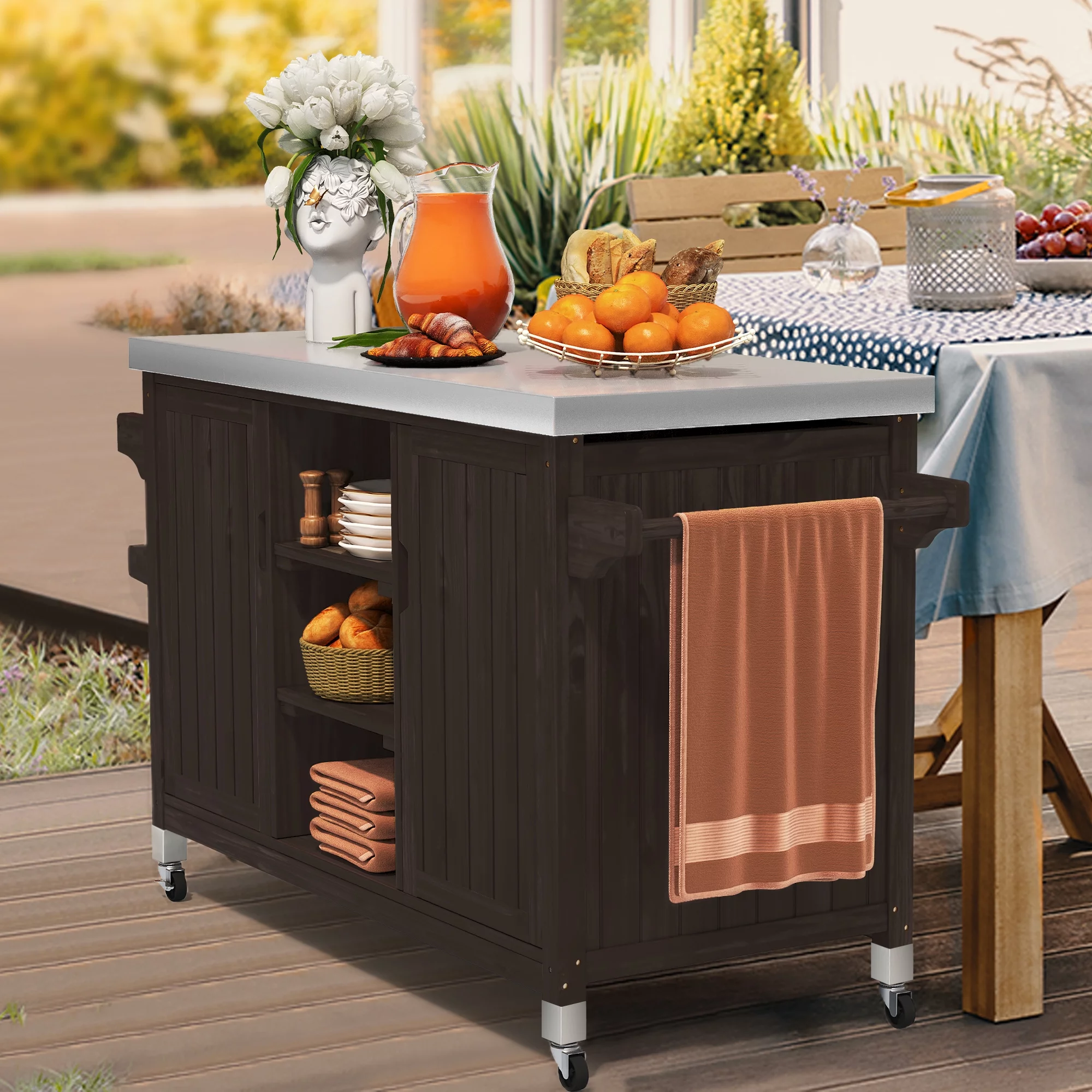 DWVO Outdoor Prep Table Grill Station, Solid Wood Movable Dining Cart Table, Dark Brown