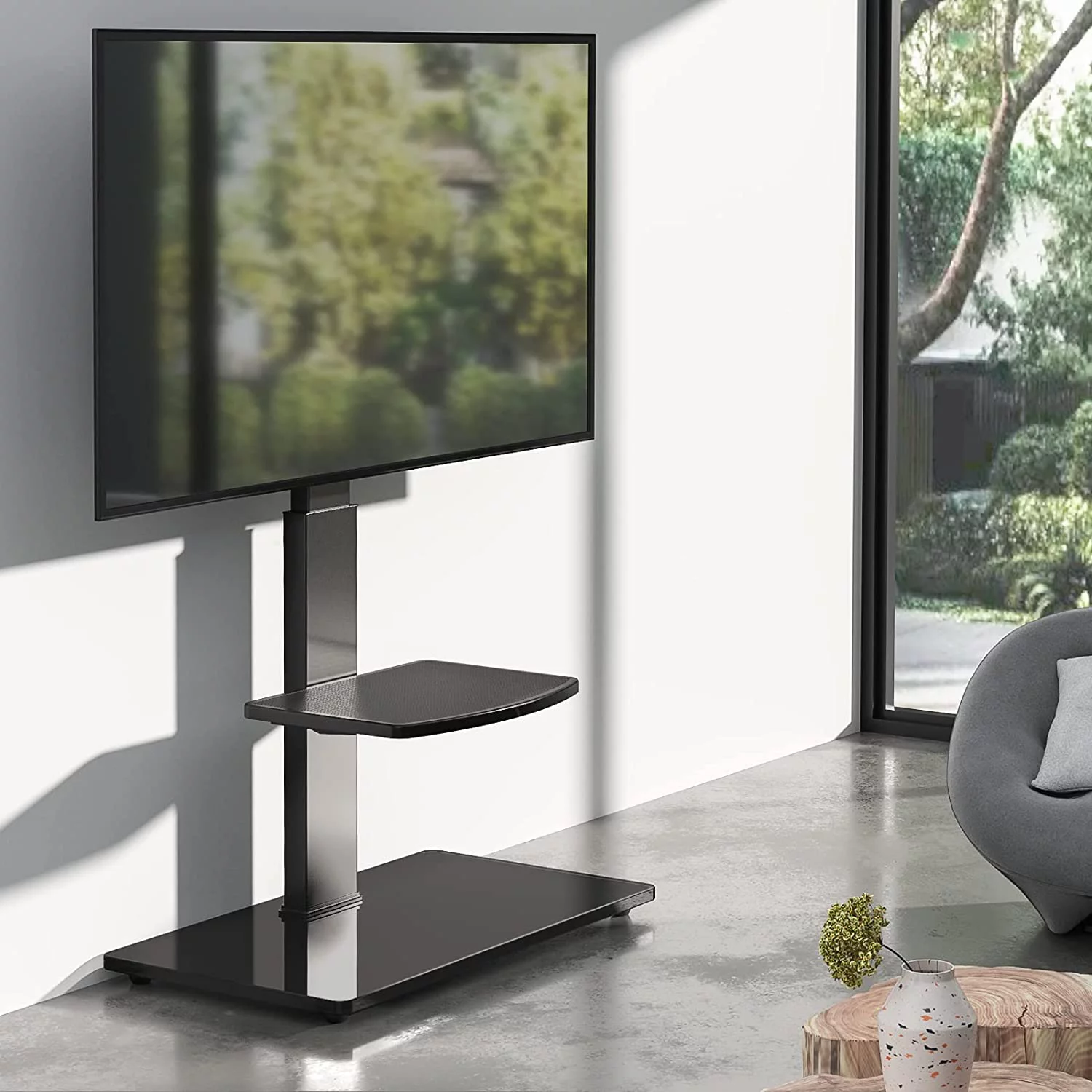 CHGTYS Universal Swivel Floor TV Stand with Mount for 32-65 Inch  Screens/Curved TVs up to 110 lbs  Tall TV Stand with Black Tempered Glass Base and 2-Tier  Shelves  Height Adjustable