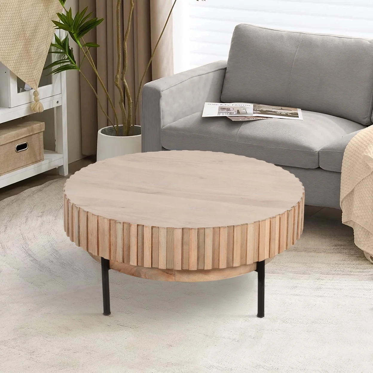 36 Inch Modern Handcrafted Round Coffee Table, Oak White Wood Top with Grooved Edges, Black Iron Legs- Saltoro Sherpi