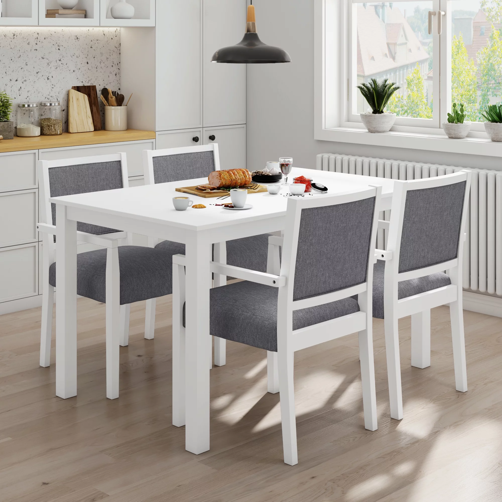 Churanty Farmhouse Wood 5 Pieces Dining Table Set for 4,Rectangular Kitchen Table Set with 4 Upholstered Chairs,White