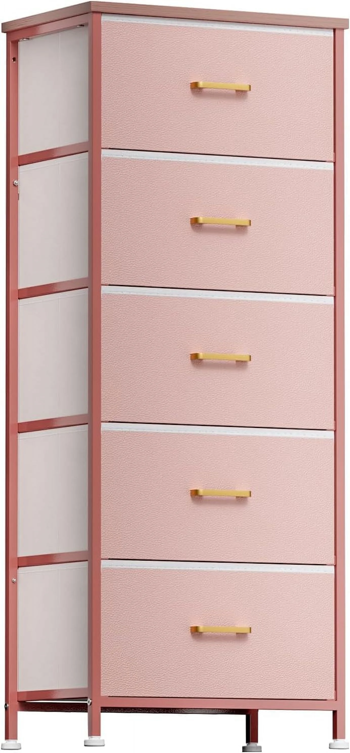 Dresser for Bedroom with 5 Drawers, Tall Storage Tower Dresser for Closet, Living Room, Nursery, Pink Dresser for Kids Girl with Sturdy Steel Frame, Fabric Bins, Leather Finish, Wood Top, Pink