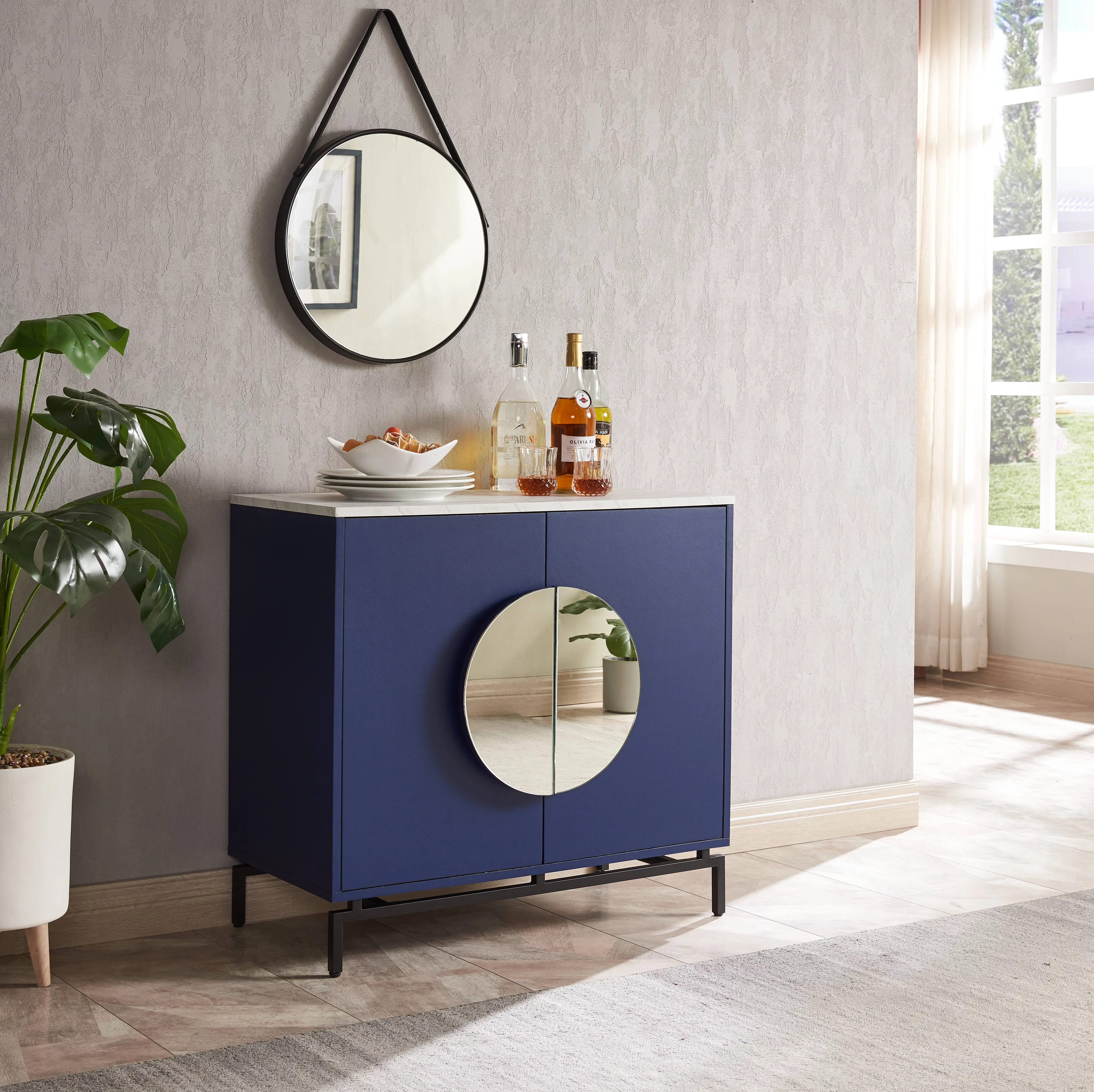 Home Source Blue Console Bar Cabinet with Half Moon Handles
