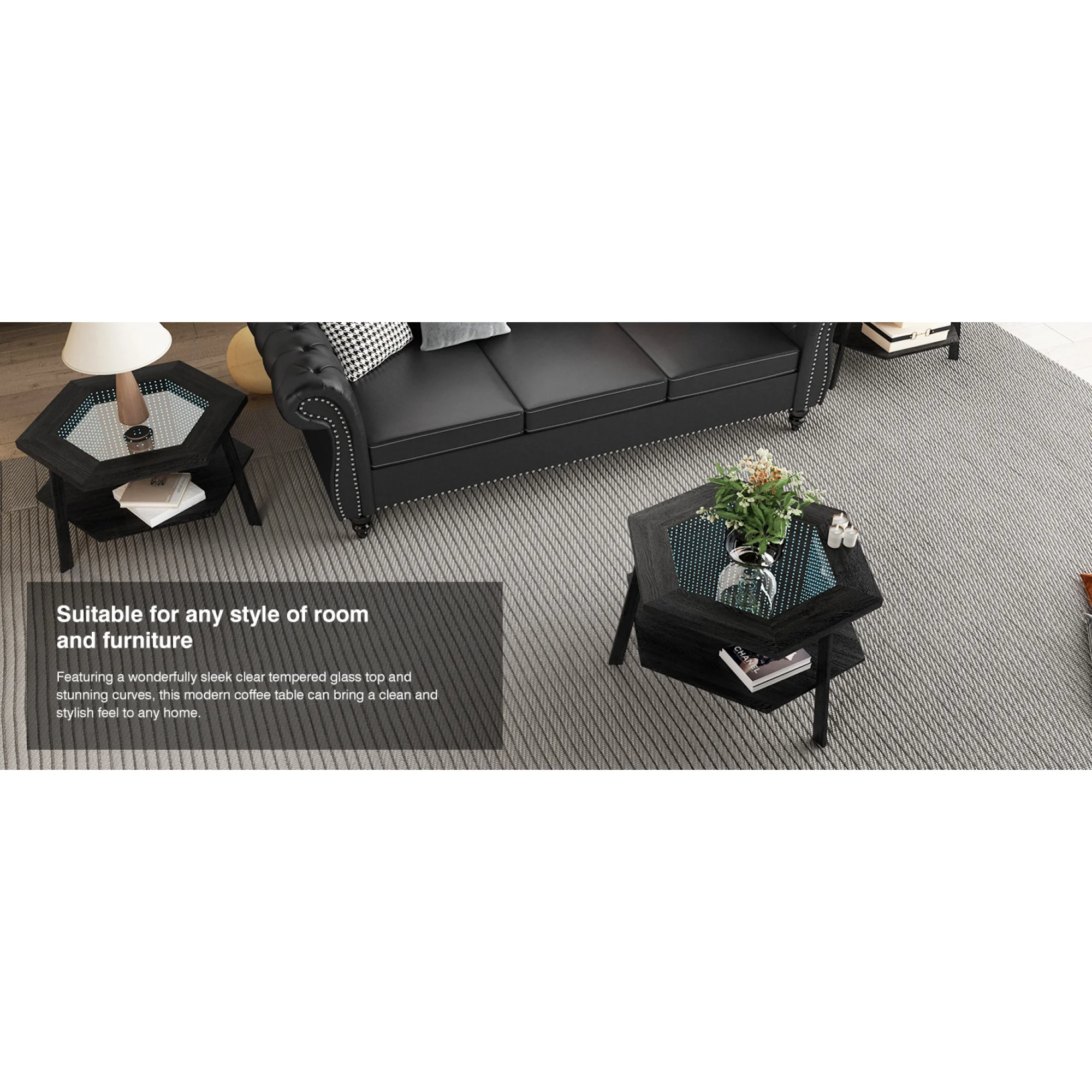 Modern Hexagon Smart Coffee Table with Voice-Activated LED Lights, Bluetooth - Living Room, Reception Room