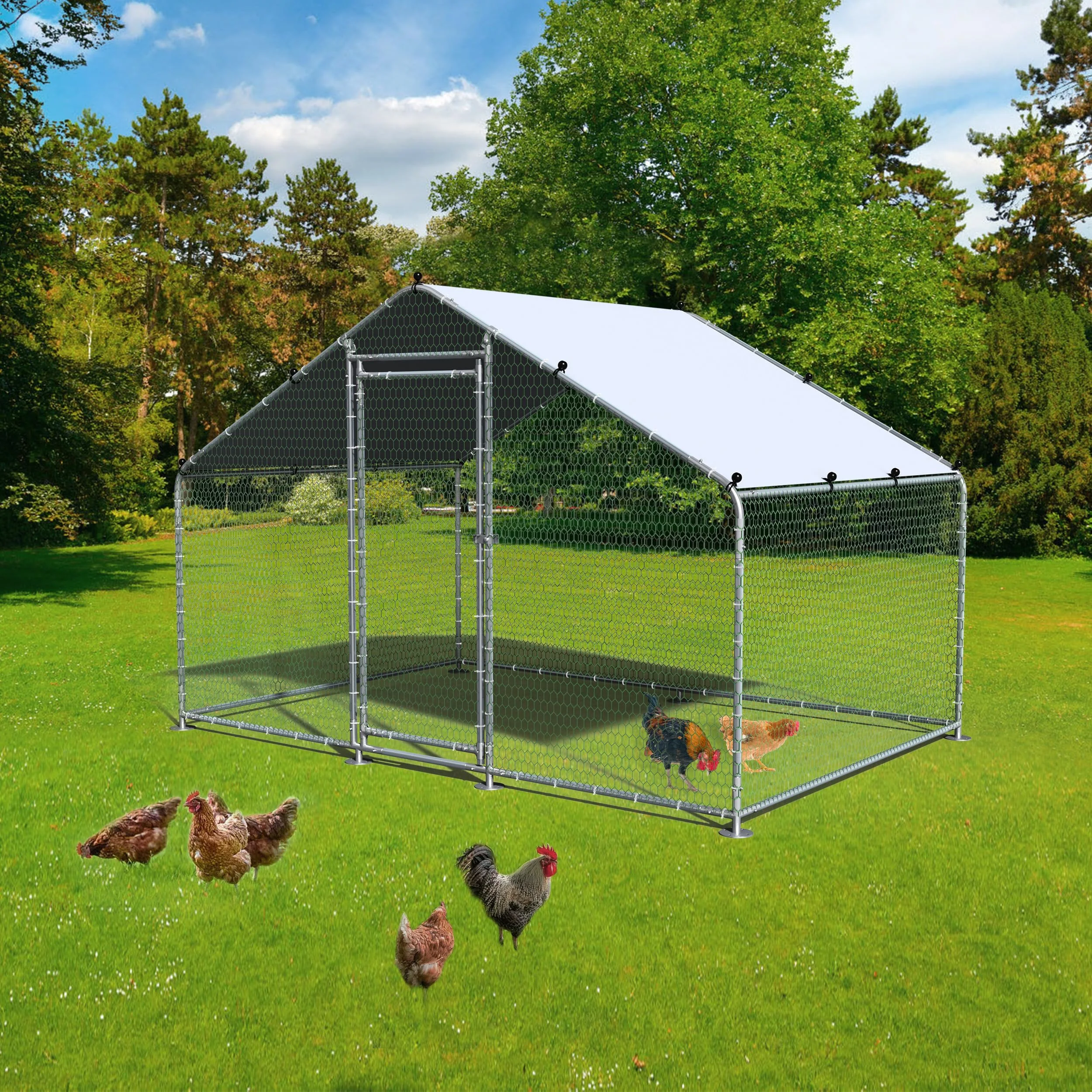 Yamissi Large Metal Chicken Coop Run Chicken Pen for 6-10 Chickens, Poultry Cage Spire Shape Coops, Heavy Duty Walkin Chicken Runs for Yard with Waterproof and Anti-UV Cover