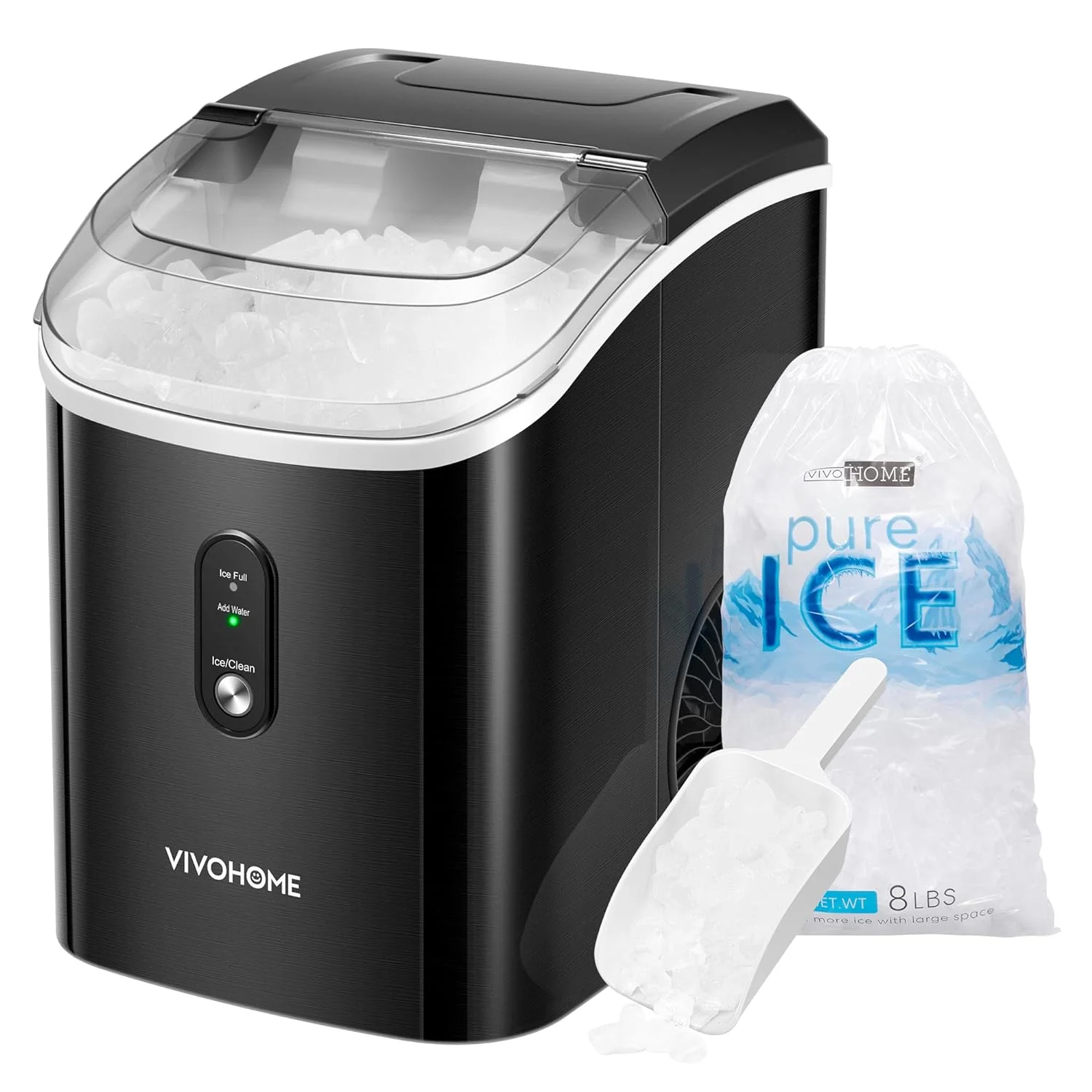 SPECSTAR Nugget Ice Maker Countertop, Portable Ice Maker Machine with Hand Scoop 10 Ice Bags and Self Cleaning Function 33lbs/Day Black