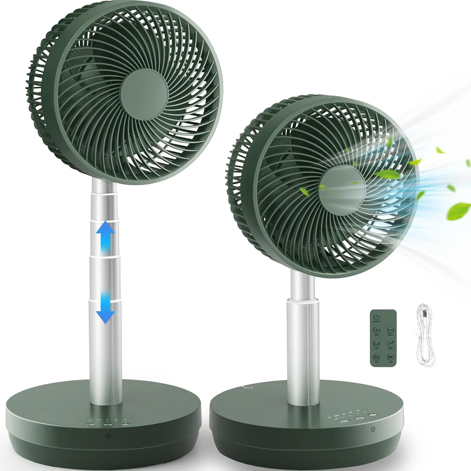Pedestal Fan Oscillating,2-In-1 Standing Fan With Control,USB Rechargeable,10 Speeds, 7.5H Timer，Quiet Stand Floor Fan For Dorm,Bedroom,Outdoor Use（Green）