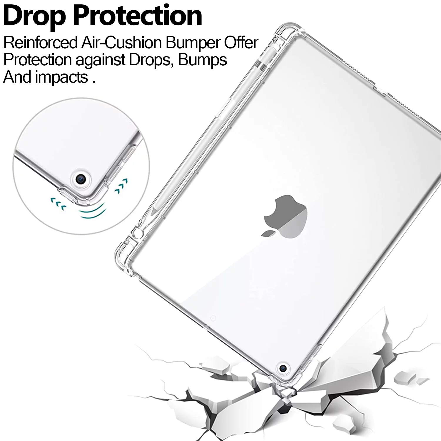 iPad 9.7 Inch 5 6 Air 1 2 [iPad 5th 6th Air 1st 2nd ] A1893 A1954 A1822 A1823 A1566 A1567 A1474 A1475 A1476 Silicon Transparent Slim Back Cover - Transparent with Pencil Holder