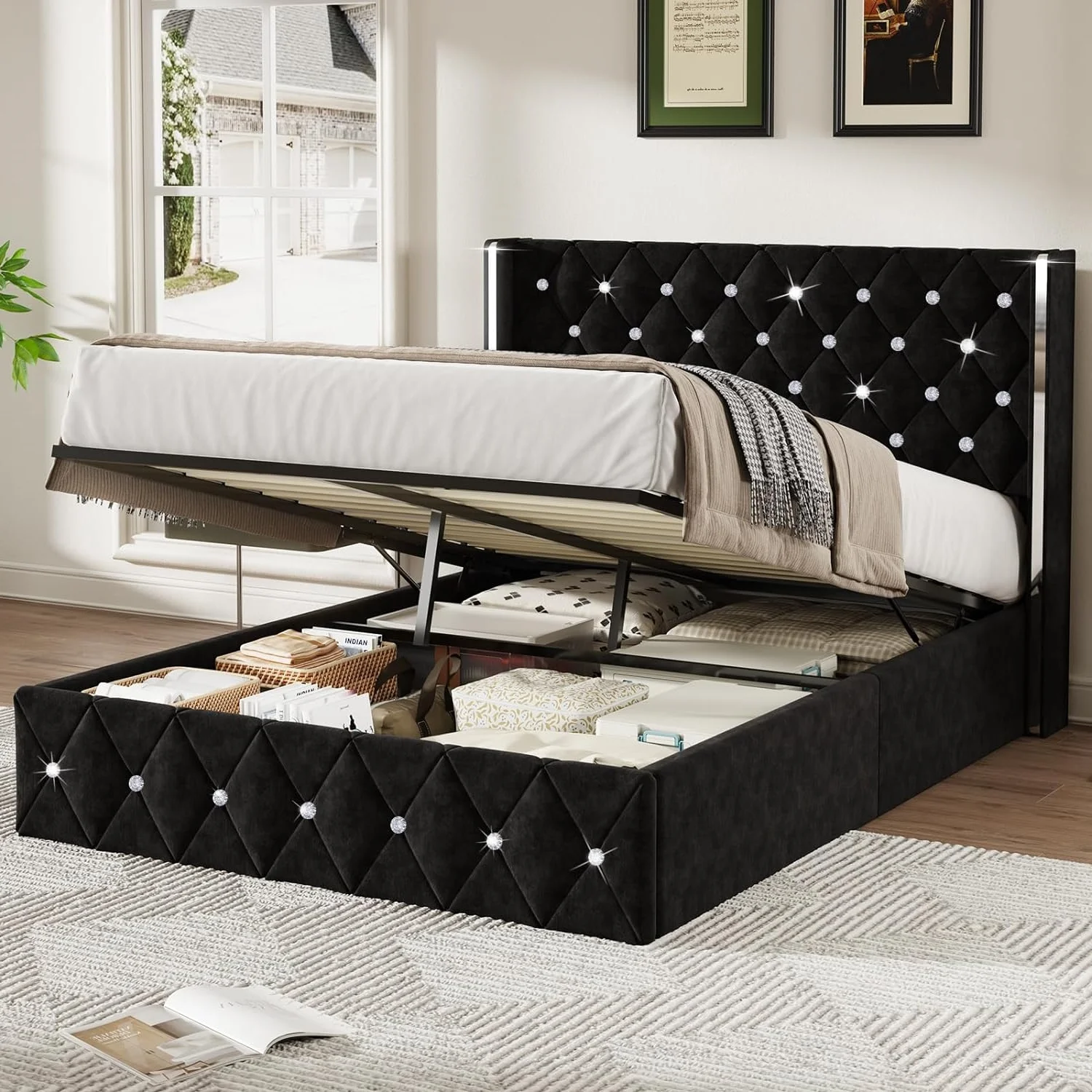 4 EVER WINNER Full Size Lift Up Storage Bed Frame, Modern Black Bed Frame with Headboard, Under bed Storage, Beige