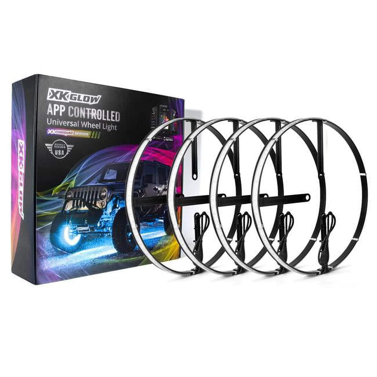 XK Glow  15 in. Wheel Ring Light Kit XK Chrome App Controlled with Turn Signal Function - 4 Piece