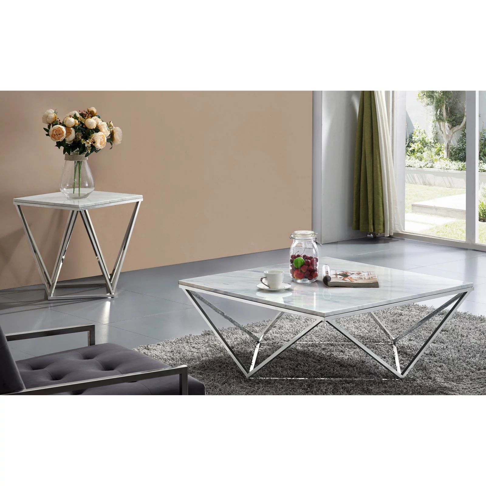Meridian Furniture Skyler Genuine Marble End Table in Chrome