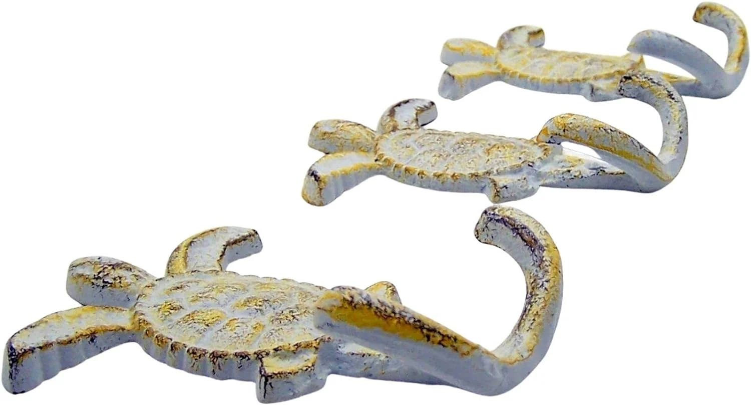 Distressed White & Yellow Cast Iron Sea Turtle Wall Hooks, Set of 3, 4.75 Inches