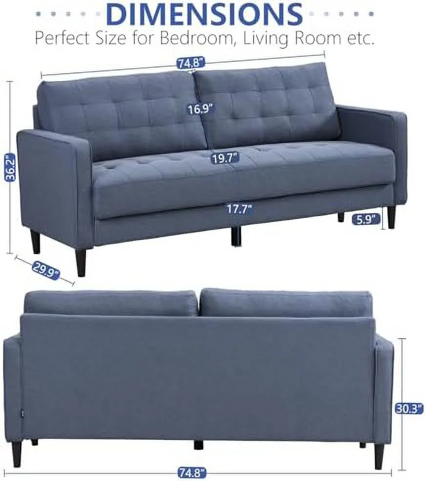 GEROBOOM Sofa  75" Mid Century Modern Couch - Comfy 3 Seater Velvet Couch with Tufted Seat and Back Cushion for Living Room  Bedroom  Office (Green)