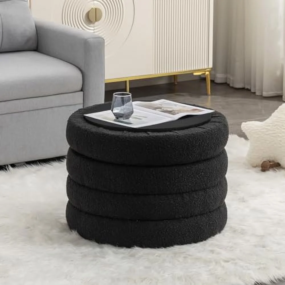 24.5" Wide Boucle Round  Ottoman Footstool  Soft Vanity Makeup Stool with Pie-Layered Design  White Upholstered Footrest for Living Room and Bedroom